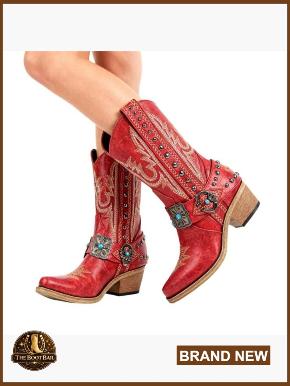 Women's Ankle Western Boots with Embroidery Studded Harness Block Heel - Picture 2 of 7